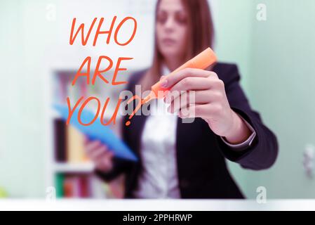 Handwriting text Who Are You. Business approach Identify yourself description personal characteristics Stock Photo