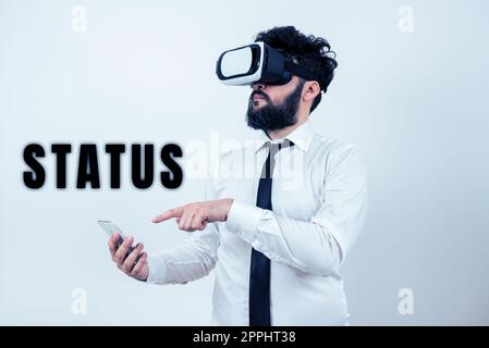 Hand writing sign Status. Internet Concept situation at a particular time during a process Professional position Stock Photo