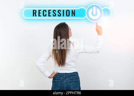 Text sign showing Recession. Word Written on the process of progressive decrease in growing, period of reduction Stock Photo