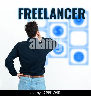 Hand writing sign Freelancer. Business concept a person who acts independently without being affiliated with an organization Stock Photo