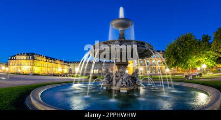Stuttgart Castle square Schlossplatz Neues Schloss with fountain travel panorama by night in Germany Stock Photo