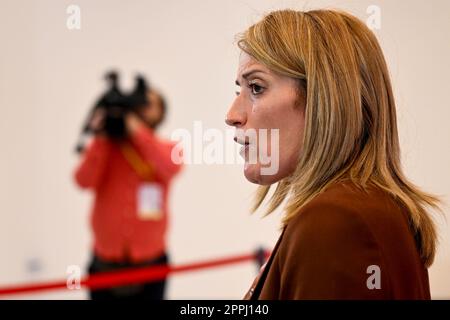 European Parliament President Roberta Metsola attends two-day conference of heads of EU countries' parliaments in Prague, Czech Republic, April 24, 2023. (CTK Photo/Ondrej Deml) Stock Photo