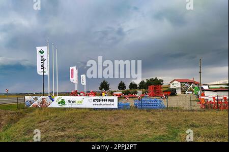 Bacau, Romania - September 11, 2022: Seeder and large disc plough Gaspardo, towing for tractors to plow fields Stock Photo