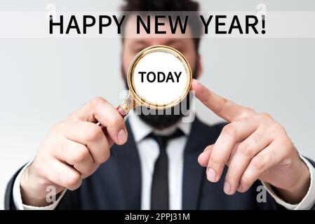 Text caption presenting Happy New Year. Business overview another year began for granting one self s is wishes and goals Stock Photo
