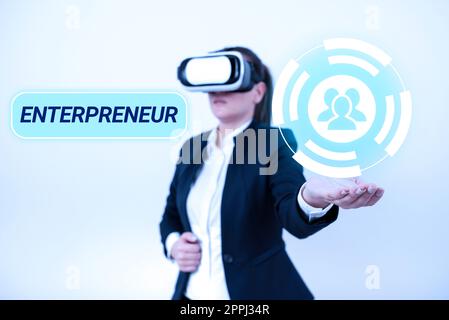Handwriting text Entrepreneur. Business overview enterprise resource planning centralized database for business processes Woman Wearing Vr Glasses And Presenting Important Messages Over One Hand. Stock Photo