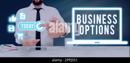 Text caption presenting Business Options. Business approach trade of value from one party to another for goods Man Presenting Graphical Multiple S And Pointing On Power Button. Stock Photo