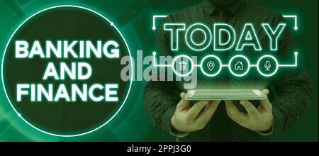 Conceptual display Banking And Finance. Word Written on financial and accounting, managing money by investment Man With Tablet Projecting Digital Symbols Presenting Crucial Information. Stock Photo