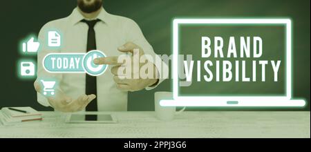 Text caption presenting Brand Visibility. Business overview dividing the cost of something into the different parts Man Presenting Graphical Multiple S And Pointing On Power Button. Stock Photo