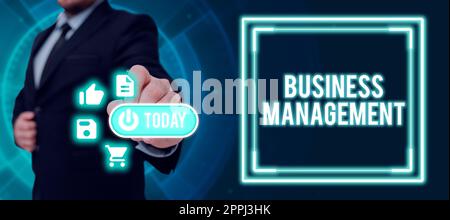 Handwriting text Business Management. Conceptual photo Rewriting Aiming Improving Start a Different Future Businessman Presenting Digital S And Display With Crucial Information. Stock Photo