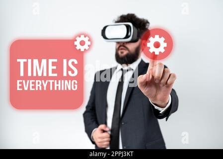 Text caption presenting Time Is Everything. Internet Concept the right moment to start working or doing stuff right away Businesswoman Holding Cellphone And Presenting Important Informations. Stock Photo