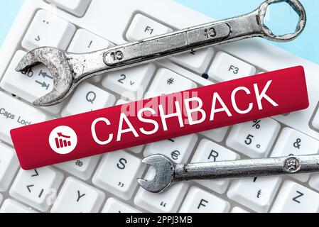 Sign displaying Cashback. Business approach denoting a form of incentive offered to buyers of certain products Abstract Typing Presentation Message, Retyping New Email Password Stock Photo