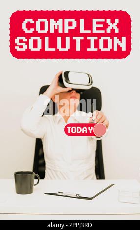 Handwriting text Complex Solution. Concept meaning computer time or service including data processing services Woman Holding Pen And Learning Skill Through Virtual Reality Simulator. Stock Photo