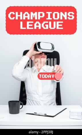 Writing displaying text Champions League. Word Written on bank account that allows you easy access to your money Woman Holding Pen And Learning Skill Through Virtual Reality Simulator. Stock Photo