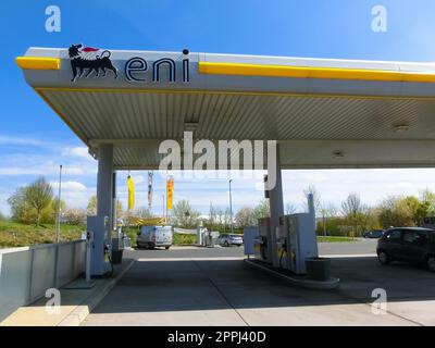 View of the Eni gas station in Dresden, Germany. Eni S.p.A. is an Italian multinational oil and gas company headquartered in Rome. Stock Photo