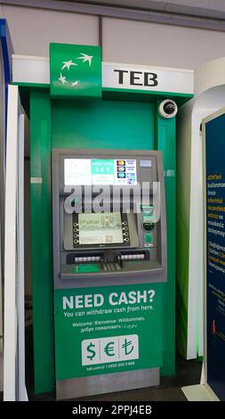 Istanbul, Turkey - September 15, 2022: Turkish Economy Bank TEB Automated ATM Cash Point Machine With No People Stock Photo
