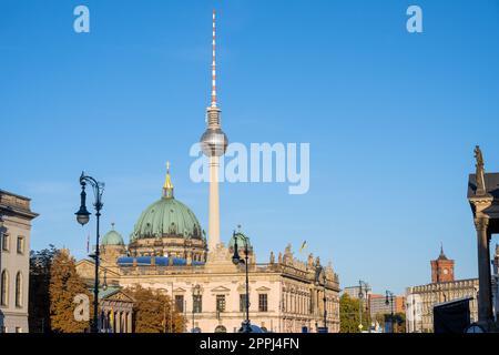 The famous TV Tower and some historic buildings at the Unter den Linden boulevard in Berlin, Germany Stock Photo