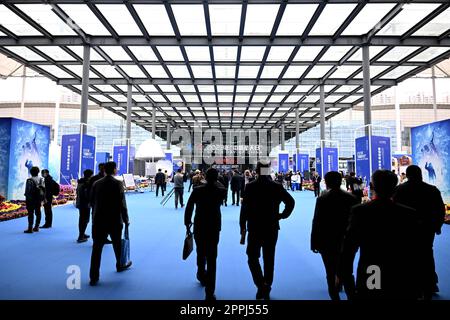 (230424) -- HEFEI, April 24, 2023 (Xinhua) -- People visit the venue of the Space Day of China in Hefei, east China's Anhui Province, April 24, 2023. China celebrated its Space Day this year on Monday with a series of activities and events.   A launch ceremony of the Space Day was held Monday in Hefei, capital city of east China's Anhui Province, with this year's theme of 'Investigate things to extend knowledge, exploring the firmament.'   About 1,200 guests from over 40 countries are invited to participate in this year's Space Day of China, which includes a series of activities such as the Ch Stock Photo