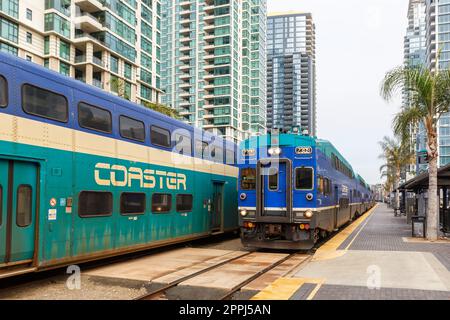 Coaster commuter rail train at Santa Fe railway station in San Diego, United States Stock Photo