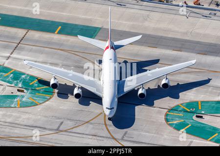 Emirates Airbus A380-800 airplane at Los Angeles airport in the United States aerial view Stock Photo