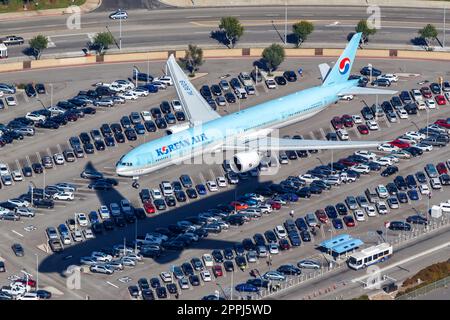 Korean Air Boeing 777-300(ER) airplane at Los Angeles airport in the United States aerial view Stock Photo