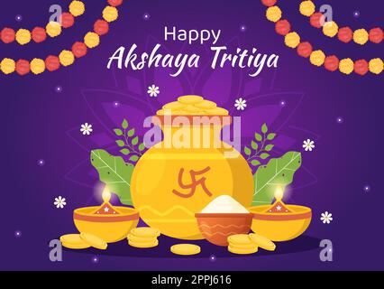 Akshaya Tritiya Festival Illustration with a Golden Kalash, Pot and Gold Coins for Dhanteras Celebration in Hand Drawn for Landing Page Templates Stock Vector