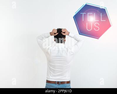 Text caption presenting Tell Us. Internet Concept Telling your personal background and life experiences Stock Photo