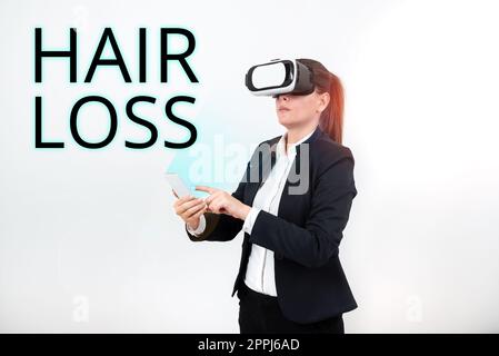 Text caption presenting Hair Loss. Word for Loss of human hair from the head or any part of the body Balding Stock Photo