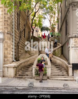 Kamondo Stairs, famous pedestrian stairway leading to Galata Tower, built 1870, Istanbul, Turkey Stock Photo