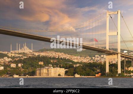 Sunset aerial shot of Istanbul city overlooking Bosphorus strait, with Bosphorus Bridge, Istanbul, Turkey Stock Photo