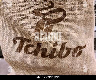 Kiel, Germany - 27.December 2022: A close-up of a Tchibo logo on an old coffee bag. Stock Photo