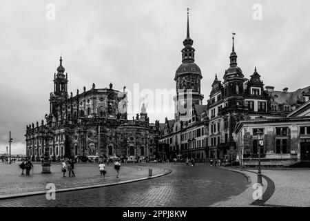 DRESDEN, GERMANY - AUGUST 27, 2022: Cathedral of the Holy Trinity (Katholische Hofkirche). Black and white. Dresden is the capital city of the Free State of Saxony. Stock Photo