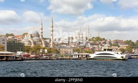 Istanbul city view at Eminonu overlooking the Golden Horn with Rustem Pasha Mosque, Turkey Stock Photo
