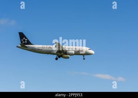 Plane Airbus A320-214 of Swiss International Air Lines, painted in the Star Alliance livery, on approach to landing at Zurich Airport Stock Photo