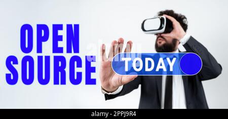Writing displaying text Open Source. Word for denoting software which original source code freely available Stock Photo