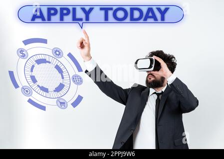Text sign showing Apply Today. Business concept to request something mainly in writing or by sending in a form Stock Photo