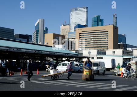 Exterior of Tsukiji market and view of the city. Stock Photo