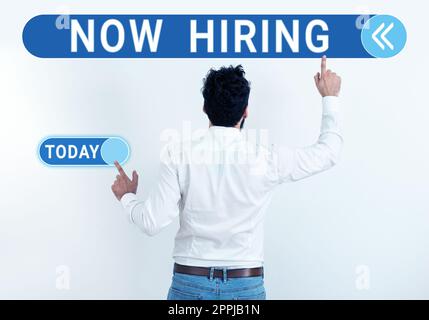 Writing displaying text Now Hiring. Word for Workforce Wanted Employees Recruitment Today Job Opportunity Stock Photo