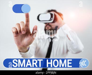 Text sign showing Smart Home. Word for automation system control lighting climate entertainment systems Stock Photo