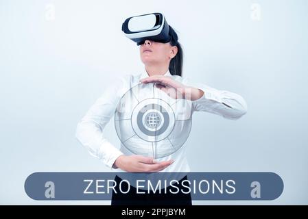 Sign displaying Zero Emissions. Word for emits no waste products that pollute the environment Stock Photo