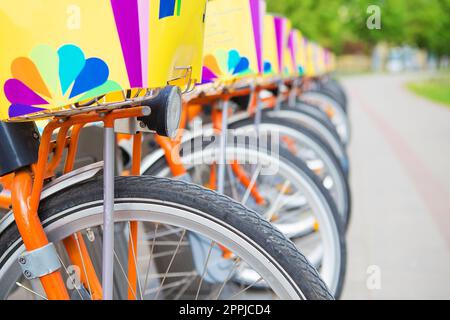 A number of beautiful bicycles are rented on street Stock Photo