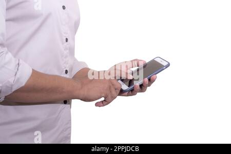 Business man using smartphone mobile on blurred background Stock Photo