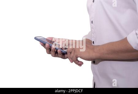 Business man using smartphone mobile on blurred background Stock Photo
