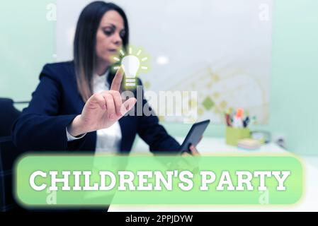 Hand writing sign Children's Party. Business approach social gathering or the entertainment provided for kids Stock Photo