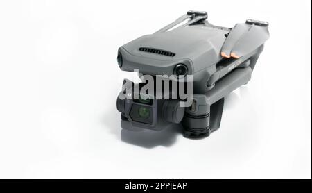 CHONBURI, THAILAND-OCTOBER 31, 2022: DJI Mavic 3 Cine drone on white background. UAV or unmanned aerial vehicle. Quadcopter drone aircraft with digital camera. Modern remote control aerial drone. Stock Photo