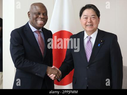 Tokyo, Japan. 24th Apr, 2023. International Labour Organization (ILO) director general Gilbert Houngbo (L) shakes hands with Japanese Foreign Minister Yoshimasa Hayashi (R) prior to their talks at Hayashi's office in Tokyo on Monday, April 24, 2023. Houngbo attended the G7 Labour ministers meeting in Kurashiki, western Japan. (photo by Yoshio Tsunoda/AFLO) Stock Photo