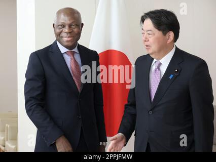 Tokyo, Japan. 24th Apr, 2023. International Labour Organization (ILO) director general Gilbert Houngbo (L) is greeted by Japanese Foreign Minister Yoshimasa Hayashi (R) for their talks at Hayashi's office in Tokyo on Monday, April 24, 2023. Houngbo attended the G7 Labour ministers meeting in Kurashiki, western Japan. (photo by Yoshio Tsunoda/AFLO) Stock Photo