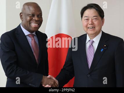Tokyo, Japan. 24th Apr, 2023. International Labour Organization (ILO) director general Gilbert Houngbo (L) shakes hands with Japanese Foreign Minister Yoshimasa Hayashi (R) prior to their talks at Hayashi's office in Tokyo on Monday, April 24, 2023. Houngbo attended the G7 Labour ministers meeting in Kurashiki, western Japan. (photo by Yoshio Tsunoda/AFLO) Stock Photo