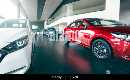 New cars parked in luxury showroom. Car dealership office. Car parked in showroom with care. Car for sale and rent business. Automobile leasing market. Electric vehicle. EV car dealer agent company. Stock Photo