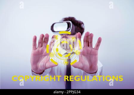 Text showing inspiration Copyright Regulations. Business showcase body of law that governs the original works of authorship Stock Photo