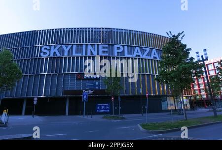 Frankfurt am Main, Germany - April 20, 2022: Skyline Plaza shopping and wellness center with roof garden, a fitness centre, numerous restaurants and shops and a multi-storey car park. Stock Photo